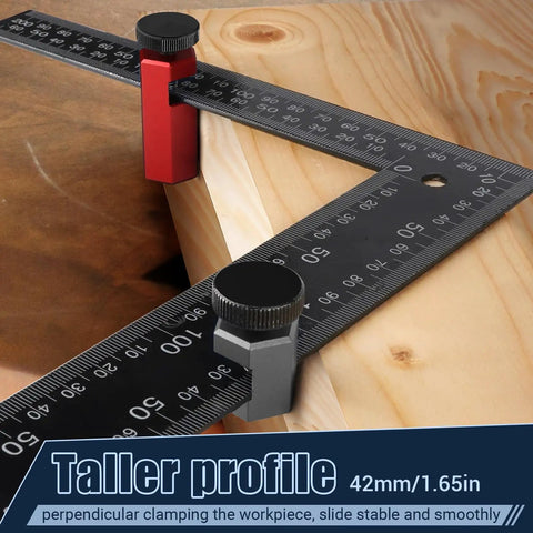 Tall Stair Gauges For Framing Square With Holder And Carabiner Pro Grade Metal Stair Stringer Layout Tool on wooden board