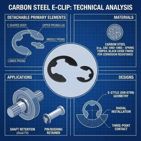 Technical diagram of External Heavy Duty E Clip Retaining Rings For 3mm Shafts, 12mm Outer Diameter, Carbon Steel with Black Oxide Finish