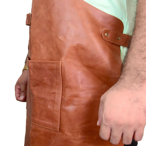Heavy Duty Leather Work Apron Brown For The Shop With Full Grain Cowhide Lightweight Yet Tough Large Front Pocket And Hammer Loop Adjustable Neck