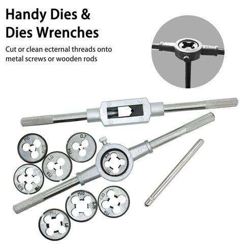 GMTOOLS 40-Piece metric tap and die set with adjustable handles, M3-M12, stored in case - front view