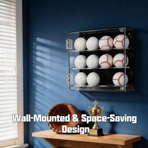 12 Slot Wall Mounted Acrylic Display Case For Baseballs And Golf Balls, Magnetic Front Door, in home office setting