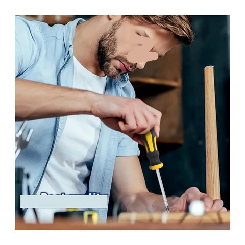 Man using Top Notch 43 Pcs Magnetic Screwdriver Kit Slotted Phillips Hex And Torx Bits Perfect For Delicate Electronic Fixes Serious DIY Work And Pro Jobs To Get It Done Flawless Total Game Changer For Any Toolbox on wood repair