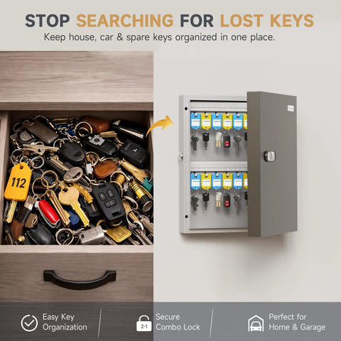 32 Key Lock Box Wall Mounted Key Cabinet With 3 Digit Combo Lock And Backup Key, Easy Key Management System open with key tags visible