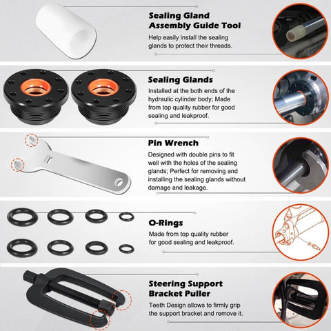 Front Mount Hydraulic Steering Cylinder Seals Kit With Pin Wrench HS5157 components including sealing glands, O-rings, pin wrench, guide tool, bracket puller