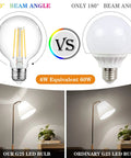 Comparison of G25 Led Globe Bulbs 60W Equivalent Daylight 4000K 750LM with traditional bulb, showing 360° vs 180° beam angle.