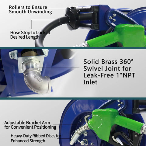 Auto Rewind Fuel Hose Reel Three Quarters Inch By Thirty-Three Feet With Diesel Nozzle And Swivel, Heavy Duty Steel Construction For Farm