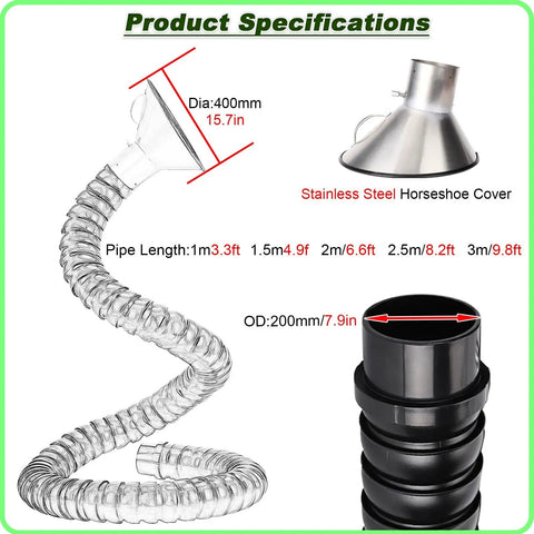 No Fuss Adjustable Fume Extractor Arm With Stainless Steel Hood And Heavy Duty Flexible Smoke Hose for ventilation with specs.