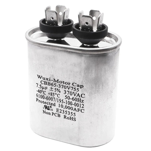 Fan Capacitor 7.5uF 5 Percent 370 To 450 VAC 50 To 60 Hz Replacement Part For Coleman RV Air Conditioners shown with terminals