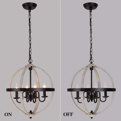Dope Farmhouse Rustic Globe Orb Chandelier In Oak And White Finish Four Light Pendant with lights on and off view