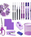 Purple 18 Piece Desk Essentials Set with 10 Pens Scissors Stapler and Staples Tape Dispenser Pen Holder 2 Sticky Notepads