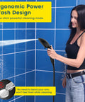 Woman using Filtered Handheld Shower Head With BuiltIn Filter, High Pressure 8Mode Showerhead in blue-tiled bathroom