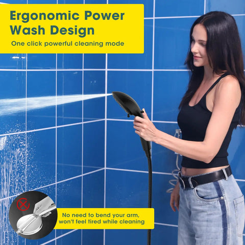 Woman using Filtered Handheld Shower Head With BuiltIn Filter, High Pressure 8Mode Showerhead in blue-tiled bathroom