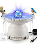 Outdoor Bird Bath Fountain With LED Light And 5W Submersible Pump Crystal Ball Accent Vintage White Resin Tower Water Feature