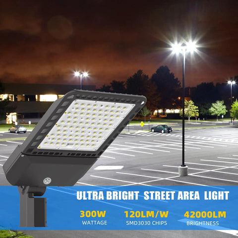 Beast Bright 300W LED Parking Lot Lights With Photocell Slip Fitter, 39000 Lumen Outdoor Pole Mount Flood Light, shown in parking lot