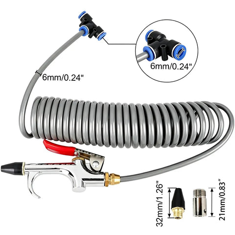 Pro Shop Grade Heavy Duty Air Blow Gun Kit Built Tough With Quarter Inch NPT Lever And Swappable Metal Nozzles for cleaning.