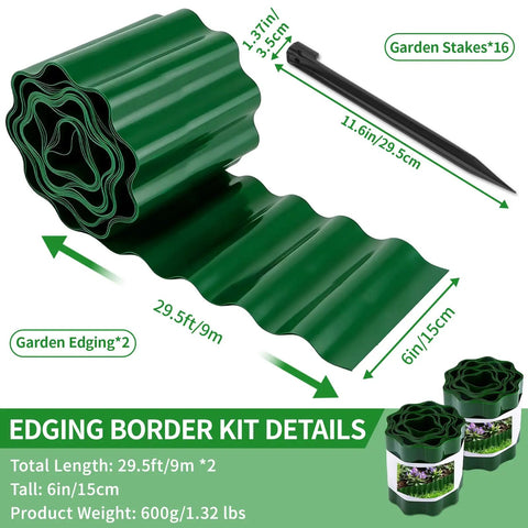 Flexible Landscape Edging Kit 59 Feet with 16 extra long stakes, 6 inch tall green plastic border for yard and garden.