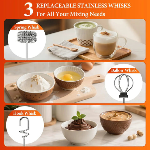 Rechargeable Handheld Milk Frother With 3 Speeds And 3 Stainless Whisks For Coffee, Matcha, Lattes, Cappuccino And More Easy No Fuss Barista Grade Foam Maker For Creamy Froth At Home Black with images of spring, balloon, and hook whisks in use