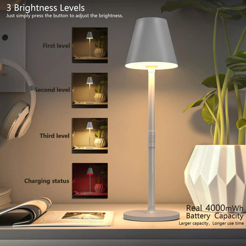LED Cordless Table Lamp With 4000mAh Rechargeable Battery Three Brightness Levels Metal Shell Minimalist Design on table