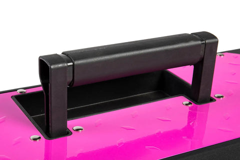 Top view of 20 Inch Portable Steel Toolbox With Removable Organizer Tray, plastic easy carry handle on powder coated pink steel lid.