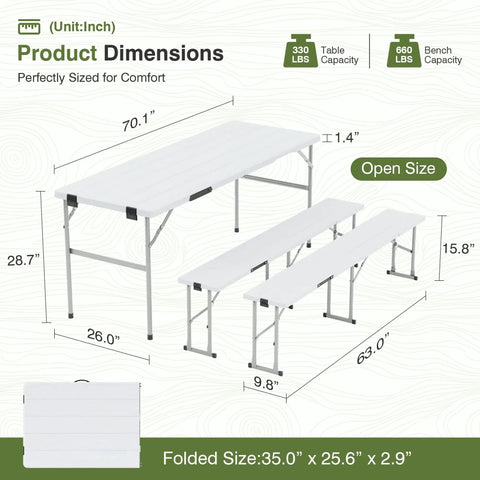 Dimensions illustration of white Picnic Table Set With 2 Benches, 6 Feet Folding Camping Table And Chairs, Wood Grain Top, portable design.