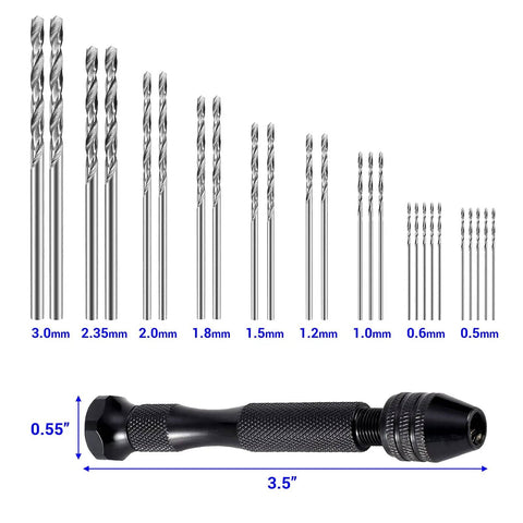 Pin Vise Hand Drill Set With Bench Vise 0.5 To 3mm PCB Mini Twist Drill Bits showing various bit sizes and black pin vise.