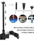 Sun Powered Solar Fountain Pump Kit With 25 Watt Panel, 410 GPH Submersible Water Pump for Ponds shown with nozzles and specifications