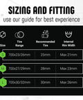Sizing chart for Air-Liner Road Insert For Tubeless-Ready Road Bike Tires Run-Flat Protection with sizes S, M, L listed