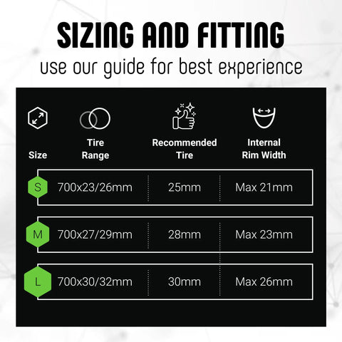 Sizing chart for Air-Liner Road Insert For Tubeless-Ready Road Bike Tires Run-Flat Protection with sizes S, M, L listed