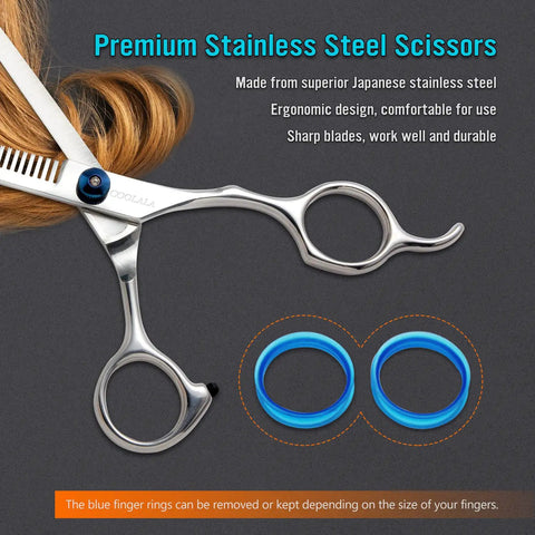 Stainless Steel Hair Cutting Scissors Thinning Shears 6.5 Inch for Pro Salon Barbers & Family Use with blue finger rings