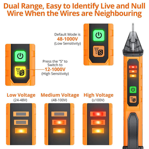 Non Contact Voltage Tester Pen Adjustable 12 To 1000 Volt Range For Quick Line Checks AC Voltage Detector With High And Low Sensitivity Easy To Use Safety Tool For Home DIY And Pros, orange tester pen with LED indicators