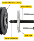 Pro Grade Heavy Duty 46 Piece Harmonic Balancer And Pulley Puller Kit components including steel yoke and centering adapters.