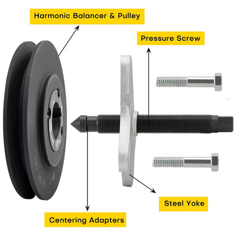Pro Grade Heavy Duty 46 Piece Harmonic Balancer And Pulley Puller Kit components including steel yoke and centering adapters.