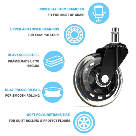 3 Inch Heavy Duty Office Chair Wheels With Soft PU Rubber For Floor Protection On Hardwood Carpet And Tile Surfaces Universal Fit Set Of 5 Black And Clear Caster Wheels For Quiet Smooth Rolling And Floor Safe Performance