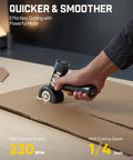 Fanttik C8 Nano Cordless Box Cutter cutting through cardboard at 230 RPM speed, showcasing precision and ease of use.