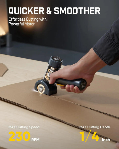 Fanttik C8 Nano Cordless Box Cutter cutting through cardboard at 230 RPM speed, showcasing precision and ease of use.