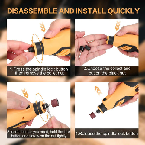 Powerful Rotary Tool Kit With 6 Variable Speeds From 10000 To 35000 RPM showing assembly steps and adjustments.