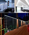 Multiple settings showing 100Ft LED Rope Lights Outdoor With 720 LEDs, on patio railing and indoor ceiling, flexible and waterproof decor.