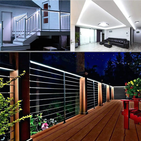 Multiple settings showing 100Ft LED Rope Lights Outdoor With 720 LEDs, on patio railing and indoor ceiling, flexible and waterproof decor.