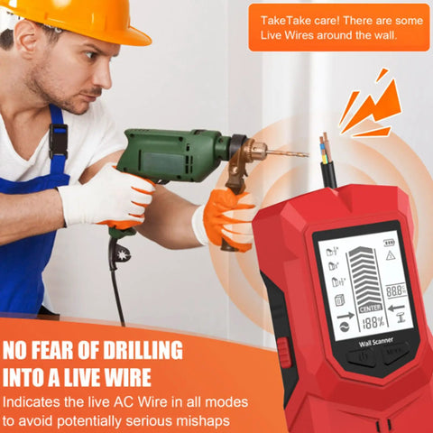 Man using Kavolet Stud Finder Wall Scanner with drill, alerting for live AC wires while working on walls.