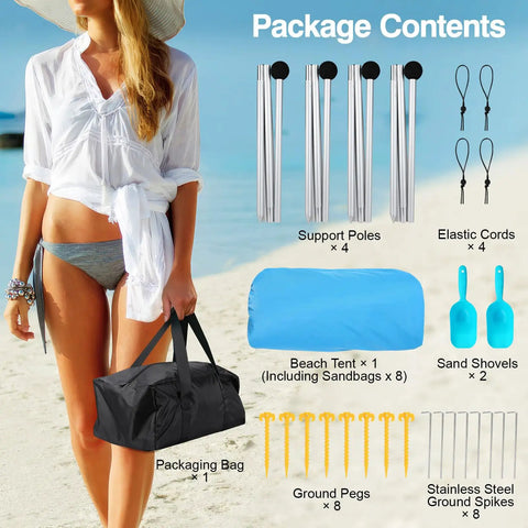 Beach Tent 10 By 10 Ft Portable Shade Shelter with accessories including 8 sandbags, 4 poles, windproof ropes, UPF 50 in sky blue