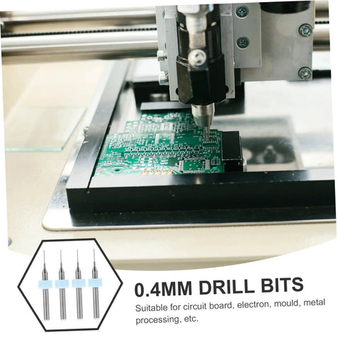 Pro Grade 30 Piece Nozzle Kit And PCB Drill Bit Set showing 0.4mm drill bits in use on a circuit board processor