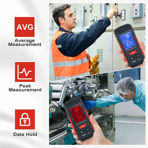 Person using EMF Meter 3 In 1 Electric Field Magnetic Field And Temperature Tester With Large LCD Rechargeable EMF Detector in industrial setting