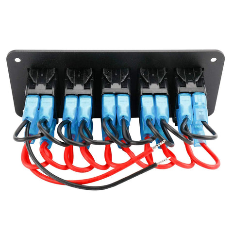 Back view of 12-24V LED Backlit Rocker Switch Panel Kit with aluminum dash mount prewired for boats, cars, UTVs, RVs, and marine lighting