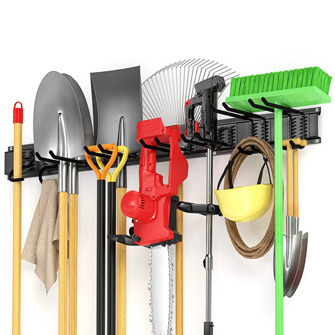 Easy Install Garage Tool Organizer Wall Mount Kit With 11 Pieces And Eight Heavy Duty Hooks holding shovels, broom, and tools