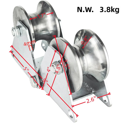 Heavy Duty 90 Degree Corner Edge Protector With Adjustable Pulley Hoist System, steel bearing roller, dimensions displayed