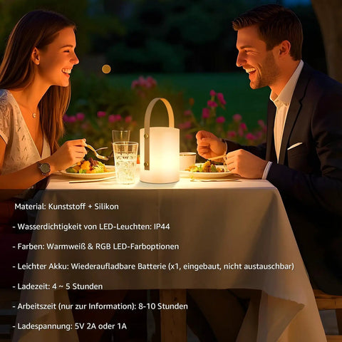 Couple dining outdoors by Cordless LED Lantern Table Lamp With Remote, IP44 shower safe and waterproof, on patio table at night