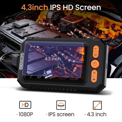 4.3 inch display showing engine detail on Dope Borescope Camera With Light 16.4 Ft Semi Rigid Probe IP67 Waterproof HD Endoscope