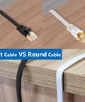 Ultra Fast Cat8 Ethernet Cable 50 Ft Flat Shielded RJ45 Patch Cable For Gaming PC Xbox PS5 PS4 Router Outdoor Use 2000MHz 40Gbps Speed Copper Conductors 100 Percent Shielded Durable Build Compatible With Cat7 Cat6a Cat5e black and white flat cables on table comparison
