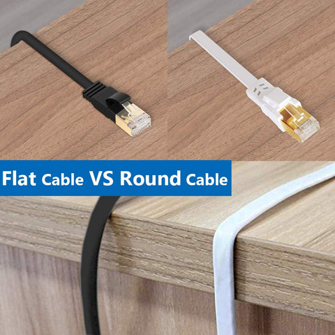 Ultra Fast Cat8 Ethernet Cable 50 Ft Flat Shielded RJ45 Patch Cable For Gaming PC Xbox PS5 PS4 Router Outdoor Use 2000MHz 40Gbps Speed Copper Conductors 100 Percent Shielded Durable Build Compatible With Cat7 Cat6a Cat5e black and white flat cables on table comparison
