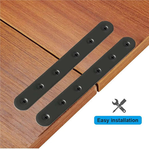 Hella Sturdy Stainless Steel Mending Plates For Furniture And Wood Metal Reinforcement Heavy Duty repair brackets on wooden surface.